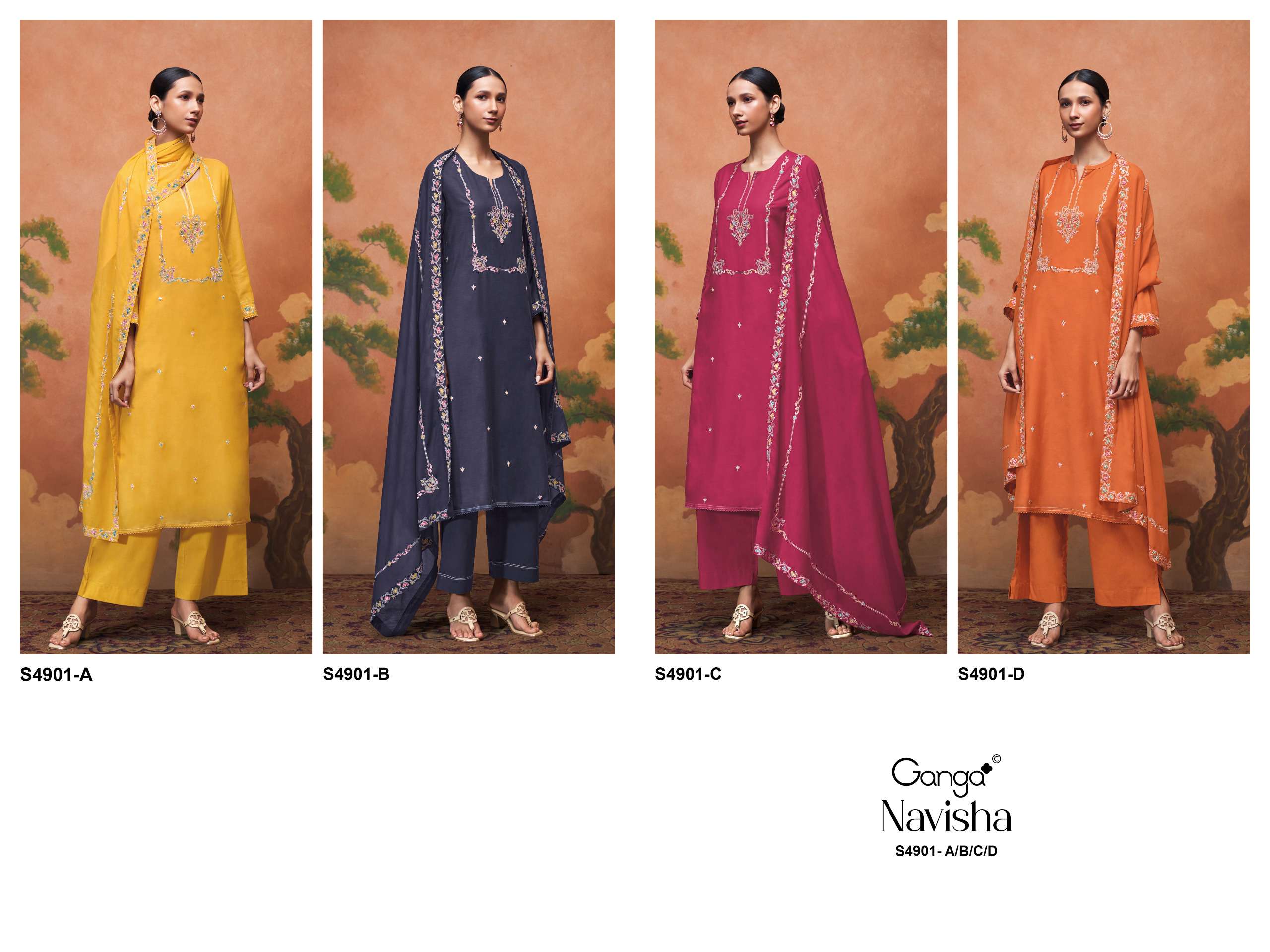 GANGA NAVISHA 4901 MUL SOLID COLOR CROCHET LACE ON DAMAN & SLEEVES SUIT LADIES EXPORT
